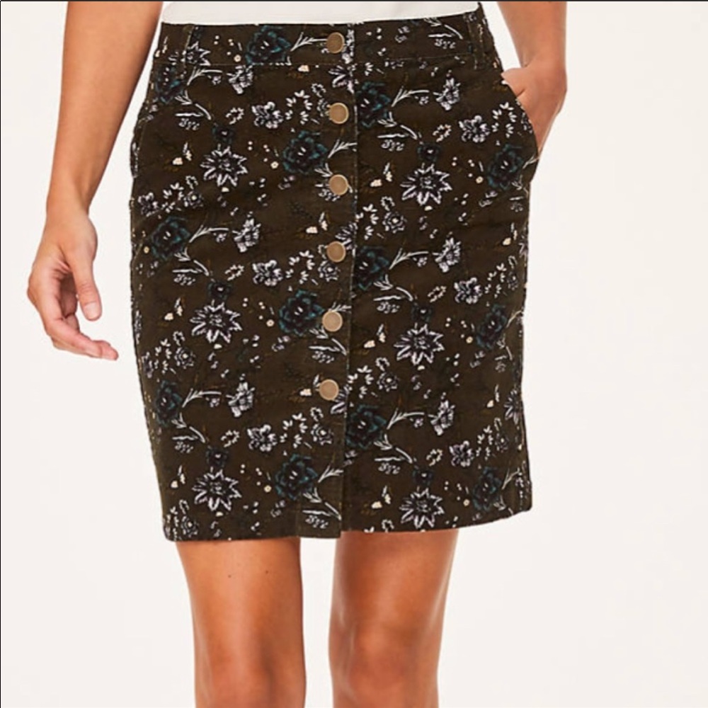 LOFT Corduroy Skirt Olive Floral Button Up